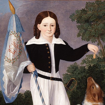 Carl Mattenheimer (1791-1853), Bildnis des Knaben Wilhelm Muß (1830-1837), Öl/Lw, 1837. Das Porträt zeigt den Buben kurz vor seinem Tod, umgeben von seinem Hund und Lieblingsspielzeug.