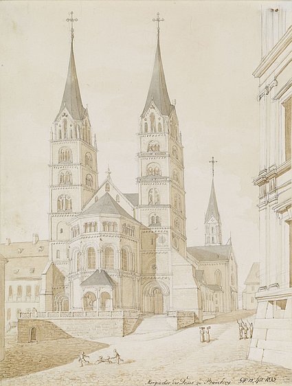 Zeichnung „Ostchor des Bamberger Doms“, die mit C.W. signiert ist und bisher Georg Christian Wilde zugeschrieben wurde.
