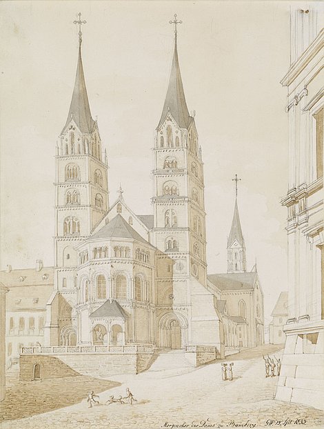 Zeichnung „Ostchor des Bamberger Doms“, der mit C.W. signiert ist und bisher Georg Christian Wilde zugeschrieben wurde.