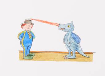 Ralfer und Sams spielen Wilhelm Tell nach. Illustration für „Das Sams und der Blaue Drache“ (2020), Aquarell. © Paul Maar, Foto: Jürgen Schraudner, Stadtarchiv Bamberg. Titelillustration zum neuen Ausstellungskatalog.