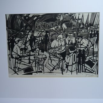 Bamberger Künstlerstammtisch, Gerhard Böhm, 1950er/60er Jahre, Linolschnitt, 40 x 60 cm, Museen der Stadt Bamberg, Inv. Nr. Gr 3427