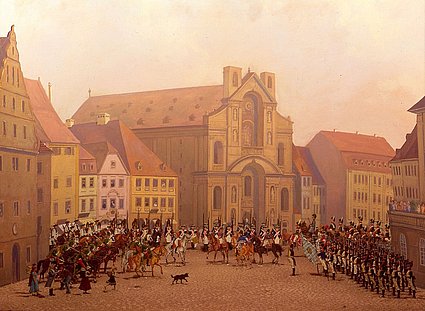 Diorama von Ludwig Madlehner: Übergabe des Fürstbischöflichen Militärs am 1. April 1803, Holz, Pappe, Bleifiguren (37 cm, B 48 cm, T 34 cm) 1937, Inv. R. 9/111